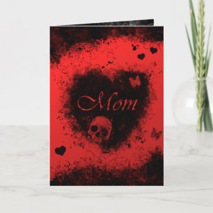 Carte Fête des mères Goth Rouge Noir avec crânes, Coeurs