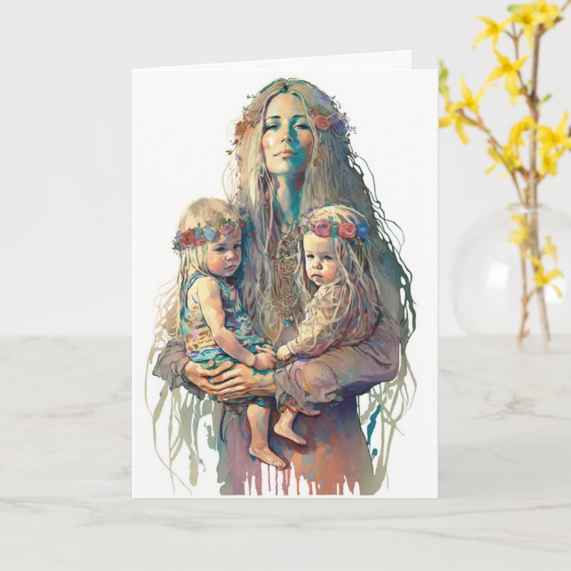 Carte Fête des mères hippies et des filles jumelles, Fêt (Fleur jaune)