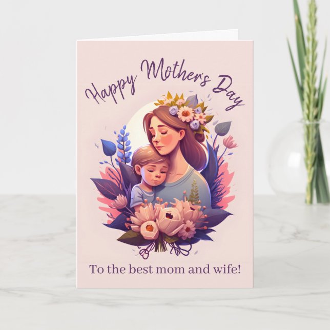 Carte Fête des Mères, mère et fils heureux (Devant)