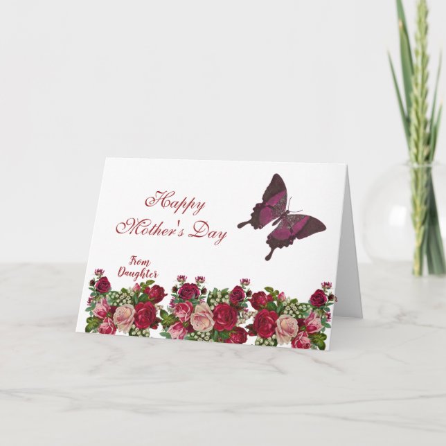 Carte Fête des mères Papillon Rustique Rose Bourgogne Fl (Devant)