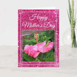 Carte Fête des mères Parties scintillant rose Hibiscus F