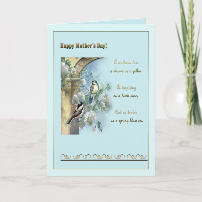 Carte Fête des Mères, pilier antique, roses et poulets (Devant)