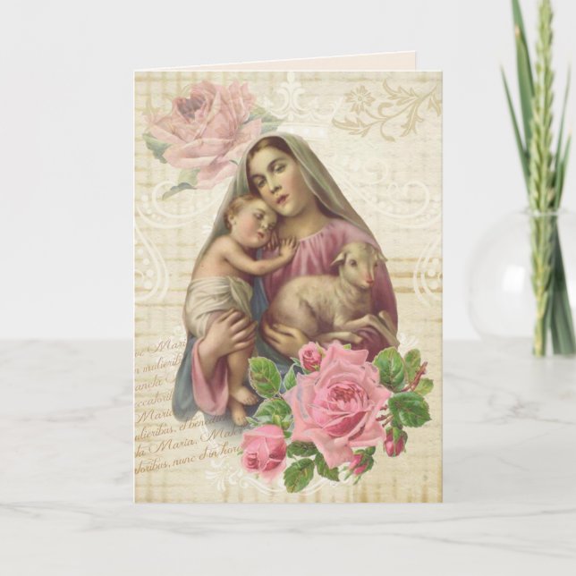 Carte Fête des mères religieuses Vierge Marie Agneau Jés (Devant)