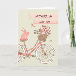 Carte Fête des Mères Rétro Vélo Rabbit & Panier à fleurs