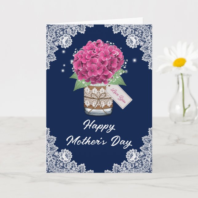 Carte Fête des Mères Rustique Bleu Rose Floral (Petite plante)