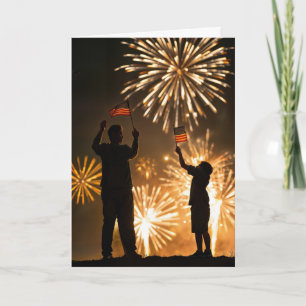 Carte Fête des pères avec Fireworks et drapeaux américai