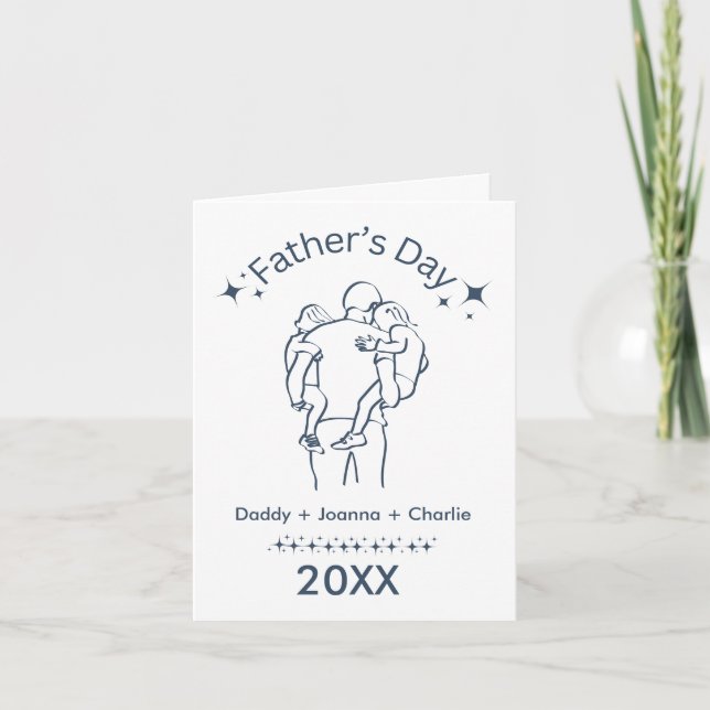 Carte Fête des pères bleue 2 enfants avec papa (Devant)