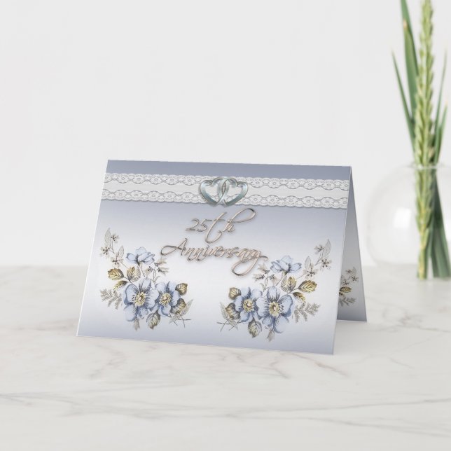 Carte Fête du 25e anniversaire élégante fleurs bleues (Devant)