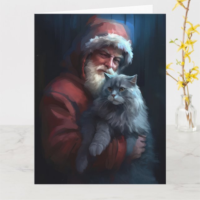 Carte Fête du Père Noël du chat bleu russe (Fleur jaune)