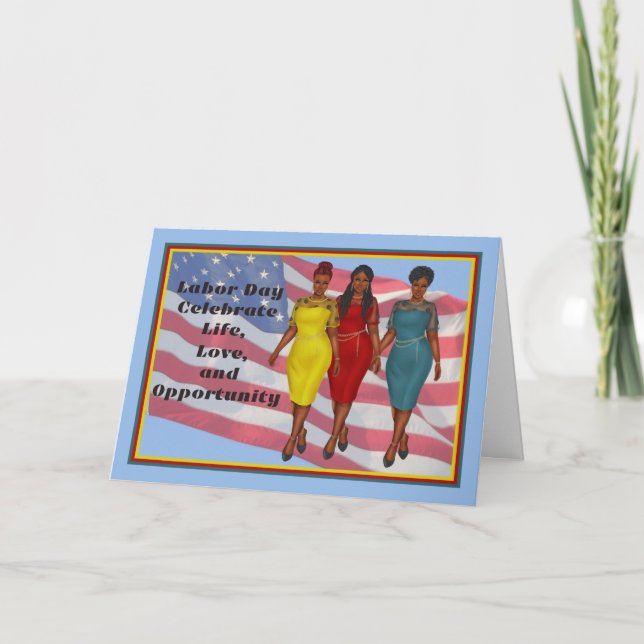 Carte Fête du Travail avec 3 femmes noires et drapeau (Devant)