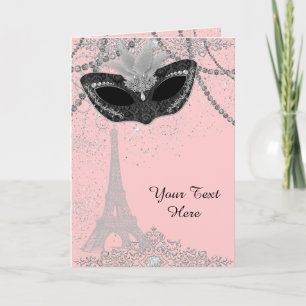 Carte Fête mascarade Paris rose et noir