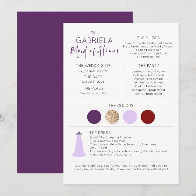 Carte Fête nuptiale, servante d'honneur Proposition et i (Devant / Derrière)
