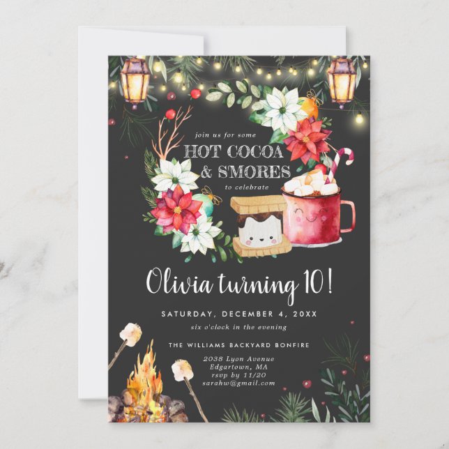 Carte Feu d'hiver Anniversaire | Chocolat chaud & S'more (Devant)
