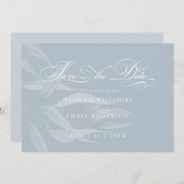 Carte Feuillage blanc moderne sur bleu Dusty (Devant / Derrière)