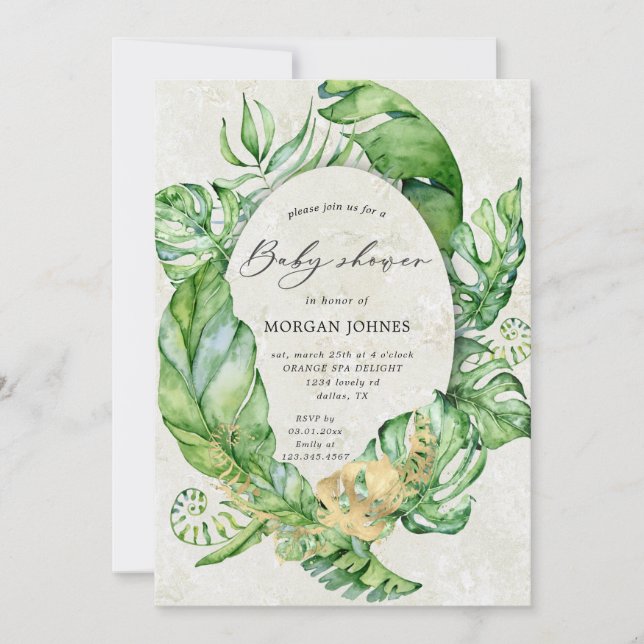 Carte feuillage d'or tropical baby shower élégant (Devant)
