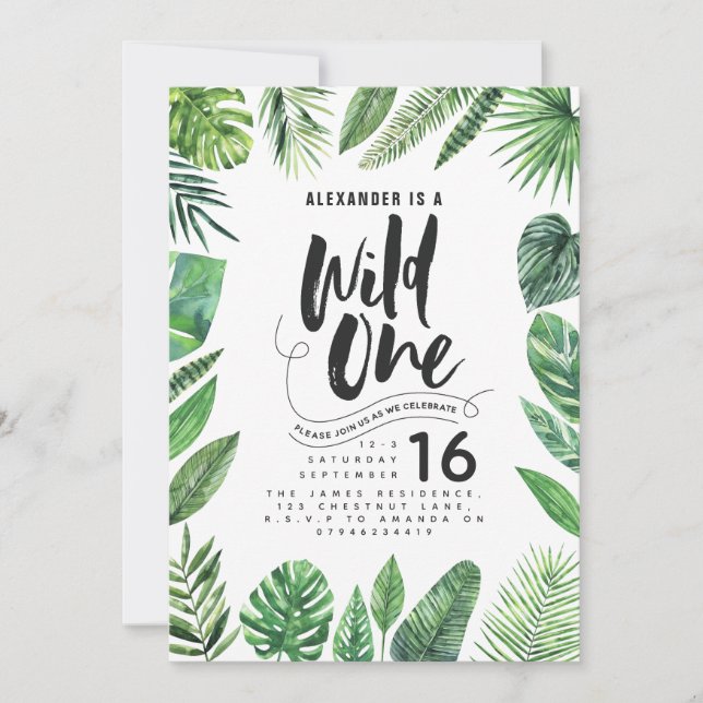 Carte Feuillage tropical + texte de script sauvage un an (Devant)