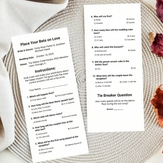 Carte [Feuille de pari Mariage] Jeu de paris Prop Mariag ([Wedding Betting Sheet] Wedding Prop Bets Game Card)