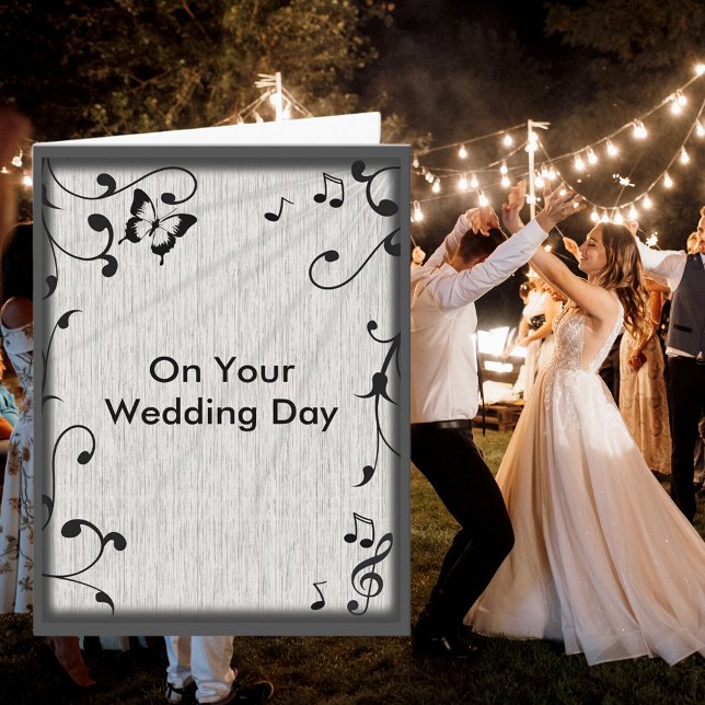 Carte Feuille  gris et noir Mariage de bois (Music Butterfly Leaves Gray & Black Wood Wedding Card)