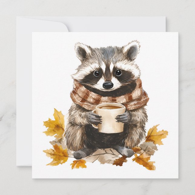 Carte Feuilles d'automne confortable raccoon avec tasse  (Devant)