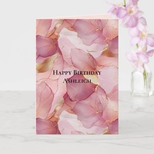 Carte Feuilles d'or rose pâle Floral Anniversaire (Orchidée)
