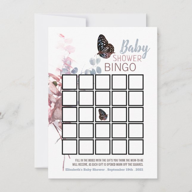 Carte Feuilles papillons, Élégant Baby shower Bingo (Devant)