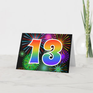 Carte Feux d'artifice colorés + Motif arc-en-ciel "13" E