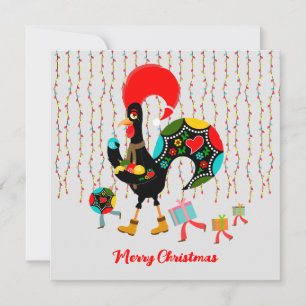 Carte Feux de Noël, baubles, cadeaux et coq