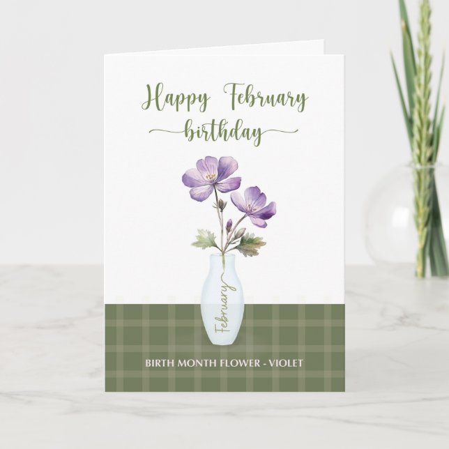 Carte Février Anniversaire Mois de naissance Violet Fleu (Devant)