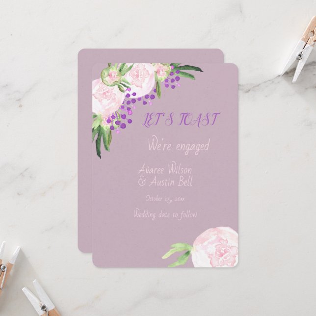Carte fiançailles Aquarelle violet Floral (Devant/Arrière en situation)