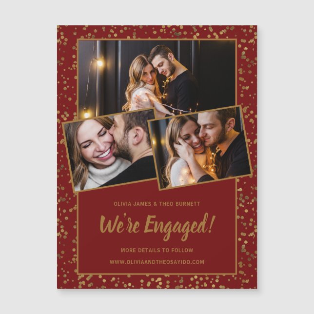 Carte Fiançailles magnétique Burgundy Red Gold 3Ph (Devant)