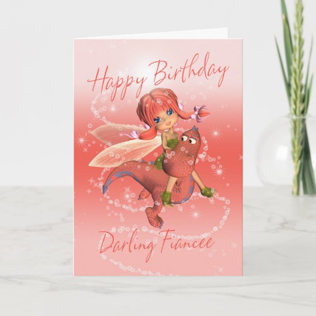 Carte Fiancee Cute Anniversaire, dragon rose avec  (Devant)