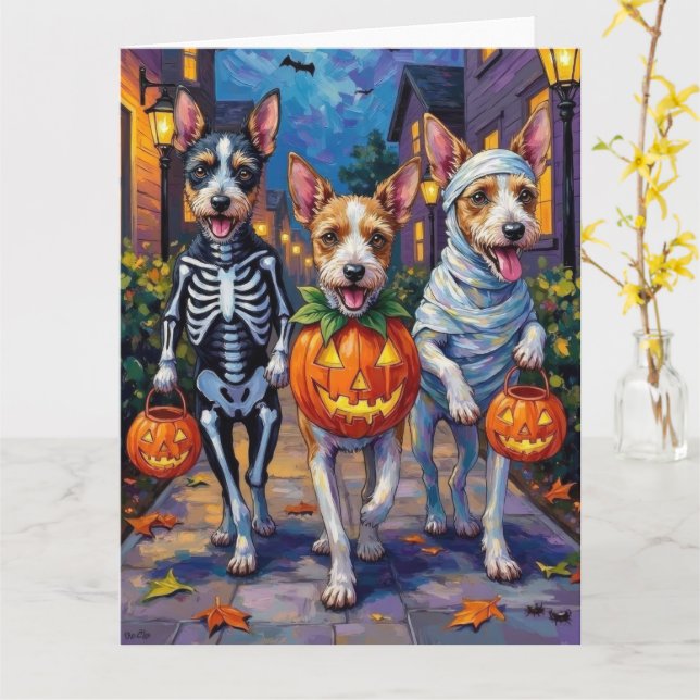 Carte Fil Fox Terrier Trick-or-Treating Halloween (Fleur jaune)