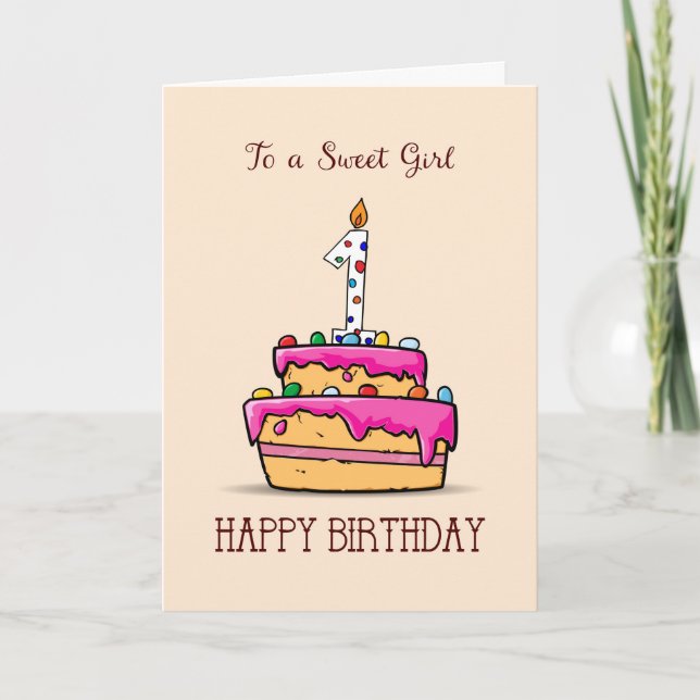 Carte Fille 1er anniversaire, 1 sur le gâteau rose doux (Devant)