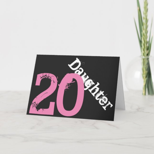 Carte Fille, 20ème anniversaire, blanc, rose sur noir. (Devant)