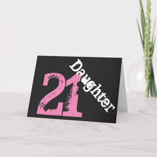 Carte Fille, 21e anniversaire, blanc, rose sur noir. (Devant)