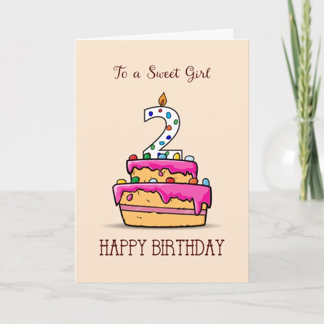Carte Fille 2e anniversaire, 2 sur Gâteau rose doux (Devant)