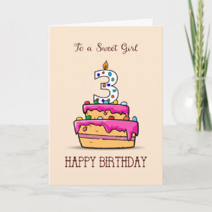 Carte Fille 3e anniversaire, 3 sur Gâteau rose doux