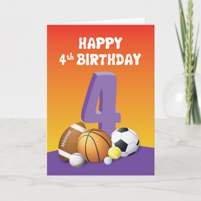Carte Fille 4e anniversaire des balles de sport (Devant)