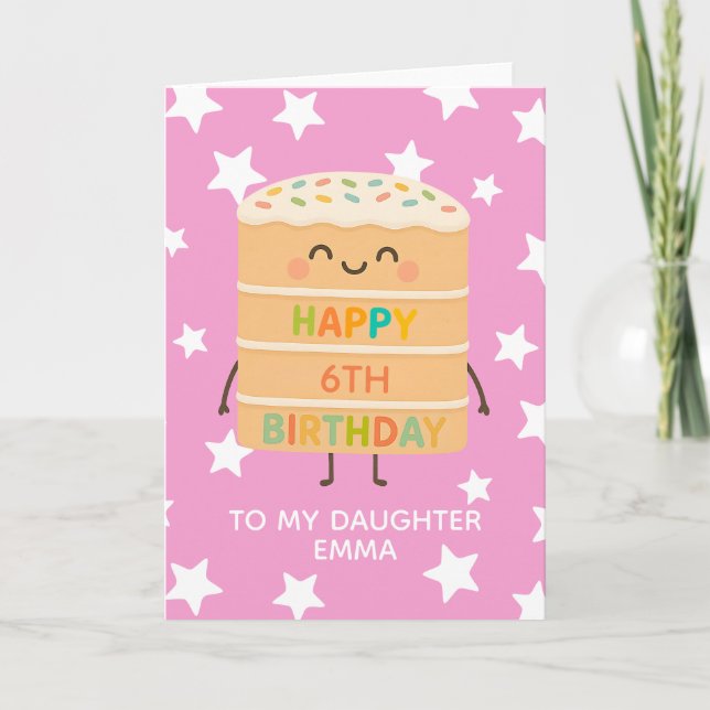 Carte Fille 6Anniversaire Cute Pink Cake Custom (Devant)