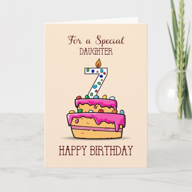 Carte Fille 7e anniversaire, 7 sur Gâteau rose doux (Devant)