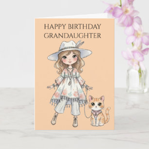 Carte Fille à la mode se promenant avec son chat