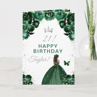 Carte Fille à peau foncée aux fleurs vertes Joyeux Anniv