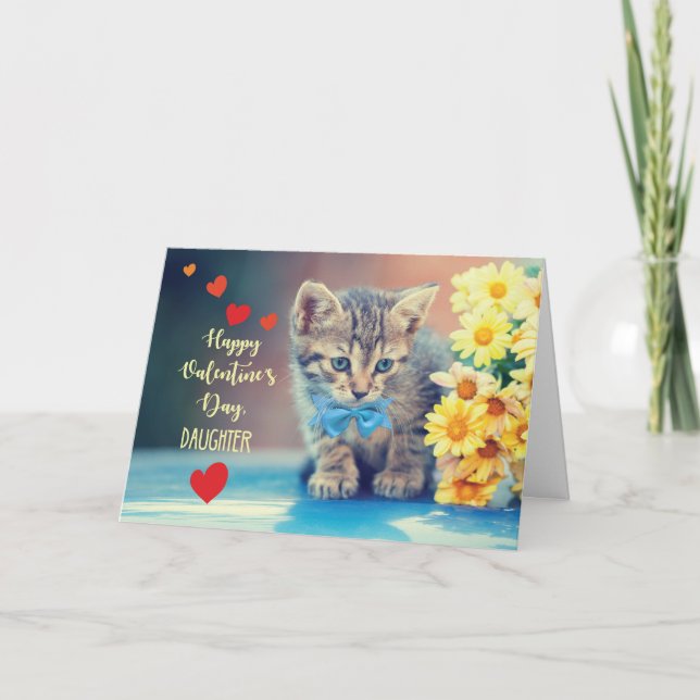 Carte Fille Amour Valentine Kitten avec marguerites jaun (Devant)