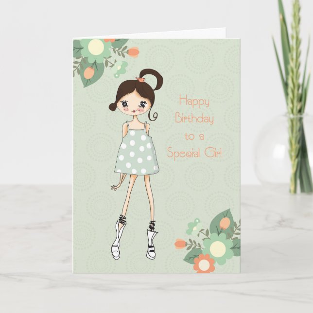 Carte Fille Anniversaire, Brunette, Sage Green Floral (Devant)