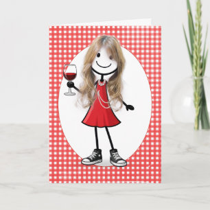 Carte Fille anniversaire dessinée avec un verre de vin