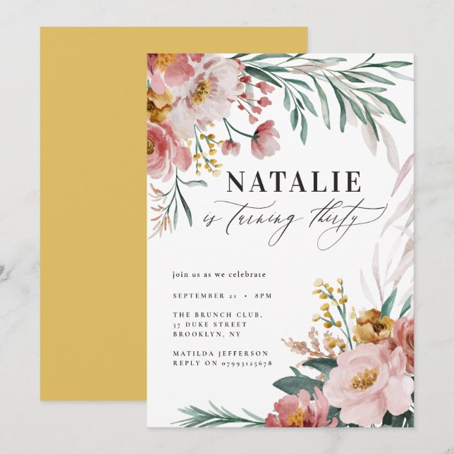 Carte Fille aquarelle florale 30e anniversaire moutarde  (Devant / Derrière)