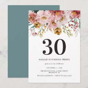 Carte Fille aquarelle florale 30e anniversaire rose bleu