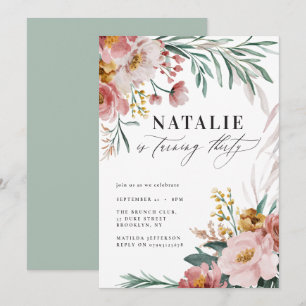 Carte Fille aquarelle florale 30e anniversaire rose vert