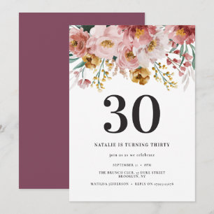 Carte Fille aquarelle florale 30e anniversaire violet ch