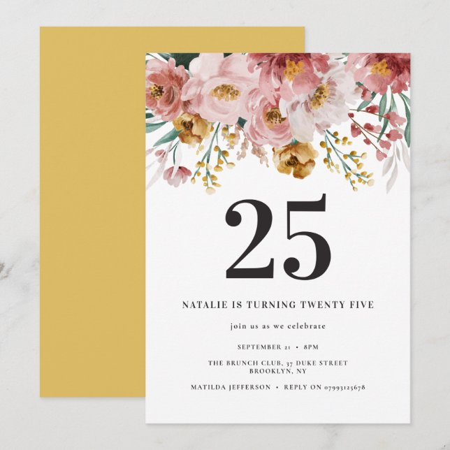 Carte Fille aquarelle florale éditable âge anniversaire (Devant / Derrière)